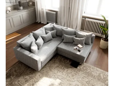 Detail produktu DELIFE Rohová pohovka Clovis svetlosivá štruktúrovaná látka opierka ležadlo ľavá modulárna pohovka