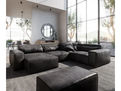 DELIFE Pohovka v tvare "U" Sirpio 300x210 cm imitácia kože vintage antracitová ležadlo variabilné s taburetom