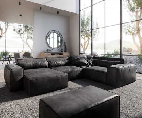 DELIFE Pohovka v tvare "U" Sirpio 300x210 cm imitácia kože vintage antracitová ležadlo variabilné s taburetom