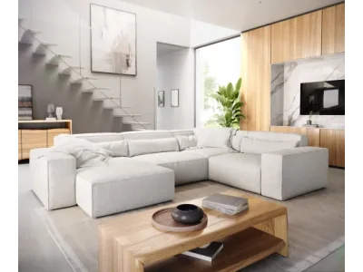 DELIFE Pohovka v tvare U Sirpio 300x210 cm bouclé bielo-krémová ležadlo variabilné