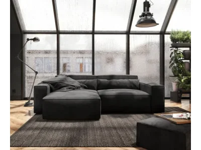 Detail produktu DELIFE Rohová pohovka Sirpio 230x155 cm mikrovlákno čierna variabilné ležadlo s taburetom