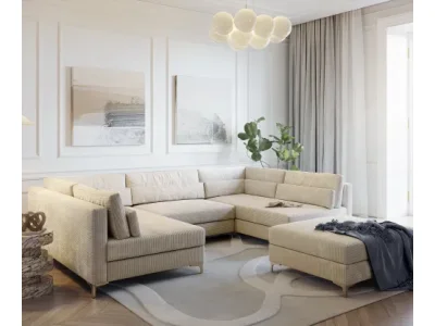 DELIFE Pohovka v tvare U Elio 300x185 cm manšester béžová s taburetom