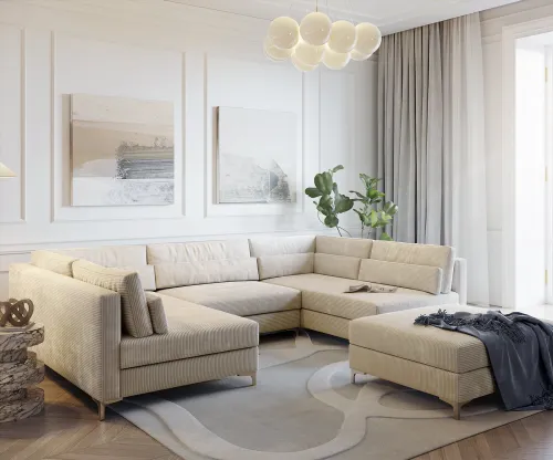 DELIFE Pohovka v tvare U Elio 300x185 cm manšester béžová s taburetom