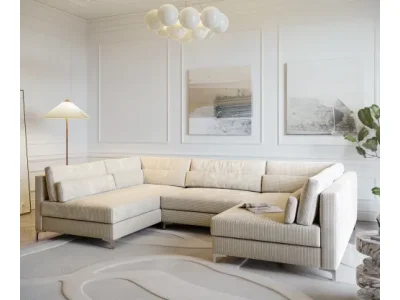 Detail produktu DELIFE Pohovka v tvare U Elio 300x185 cm manšester béžová s taburetom