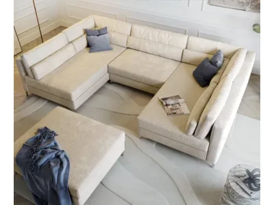 Detail produktu DELIFE Pohovka v tvare U Elio 300x185 cm manšester béžová s taburetom