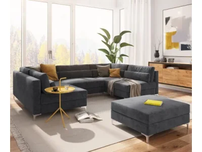 DELIFE Pohovka v tvare U Elio 300x185 cm mikrovlákno grafitová s taburetom