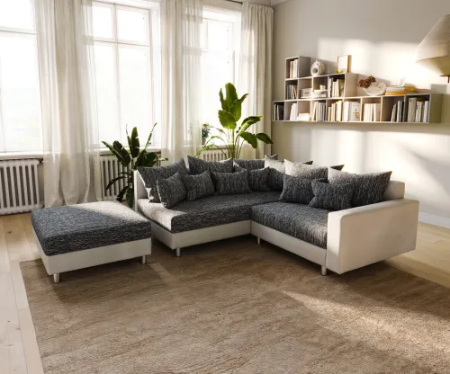 DELIFE Rohová pohovka Clovis biela čierna modulárna opierka taburet ležadlo ľavá