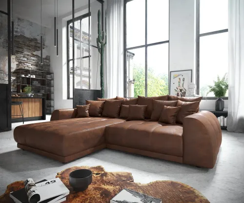 DELIFE Rohová pohovka Violetta 300 x 220 cm imitácia kože hnedá variabilné ležadlo