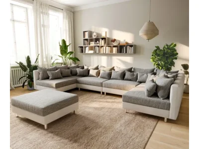 DELIFE Pohovka v tvare U Clovis XL biela svetlosivá modulárna pohovka taburet