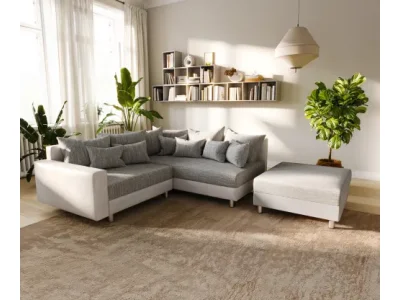 DELIFE Rohová pohovka Clovis biela svetlosivá modulárna taburet opierka ležadlo pravá