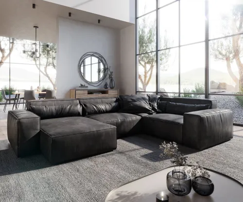 DELIFE Pohovka v tvare "U" Sirpio 300x210 cm imitácia kože vintage antracitová ležadlo variabilné