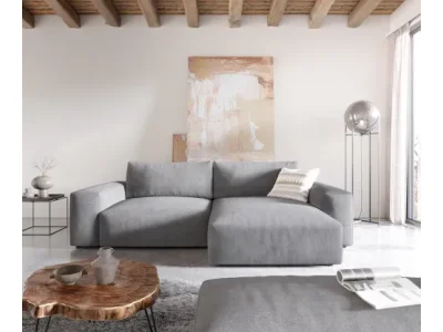 Detail produktu DELIFE Rohová pohovka Lanzo XL 270x180 cm mikrovlákno sivá variabilné ležadlo s taburetom