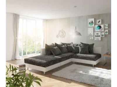 DELIFE Rohová pohovka Clovis biela čierna s ležadlom taburetom ľavá