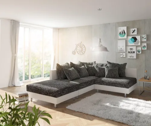 DELIFE Rohová pohovka Clovis biela čierna s ležadlom taburetom ľavá