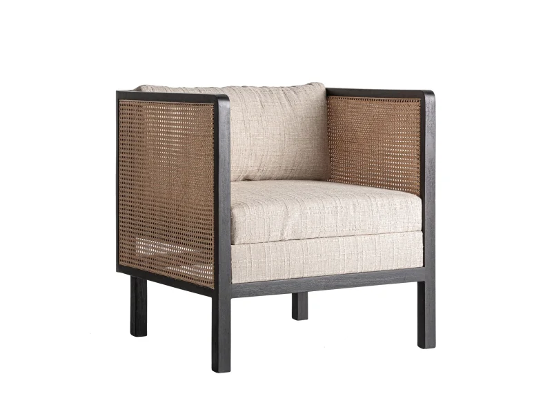 Estila Luxusné art deco ratanové štvorcové kreslo Jufam s hnedým tmavým mangovým rámom a textilným krémovým poťahom 77 cm