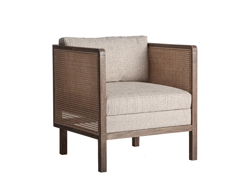 Estila Luxusné art deco ratanové vypletané kreslo Jufam z mangového hnedého dreva so štruktúrovaným textilným béžovým poťahom 77 cm