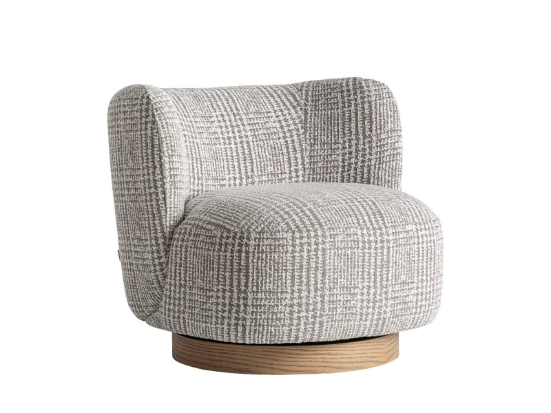 Estila Luxusné art deco okrúhle otočné kreslo Elvara so vzorovaným sivo bielym poťahom a okrúhlou drevenou hnedou podstavou 85 cm