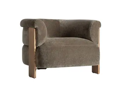 Estila Luxusné art deco čalúnené kreslo Jeran v zelenej kaki farbe so ženilkovým poťahom a tromi hnedými drevenými nožičkami 96 cm