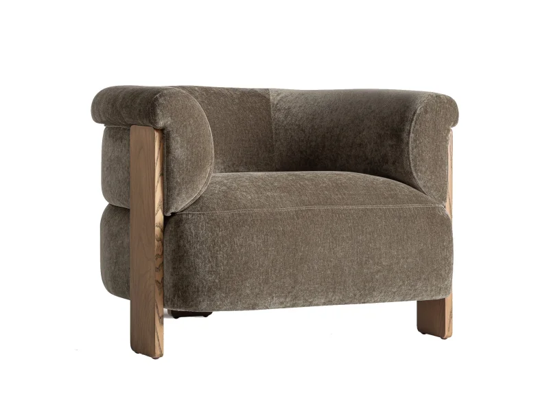 Estila Luxusné art deco čalúnené kreslo Jeran v zelenej kaki farbe so ženilkovým poťahom a tromi hnedými drevenými nožičkami 96 cm
