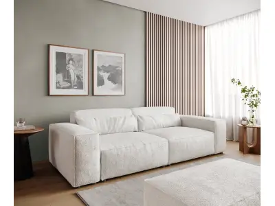 Detail produktu DELIFE Veľká pohovka Sirpio 230x95 cm bouclé bielo-krémová s taburetom