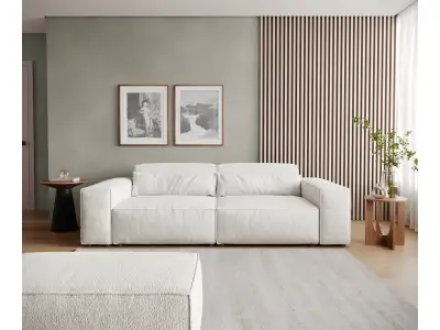 Detail produktu DELIFE Veľká pohovka Sirpio 230x95 cm bouclé bielo-krémová s taburetom