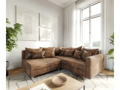 Detail produktu DELIFE Rohová pohovka Clovis hnedá vintage modulárna opierka ležadlo pravá