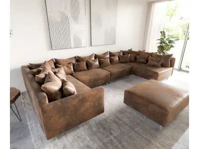 DELIFE Pohovka v tvare U Clovis XL modulárna hnedá vintage taburet opierka