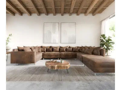 Detail produktu DELIFE Pohovka v tvare U Clovis XL modulárna hnedá vintage taburet opierka