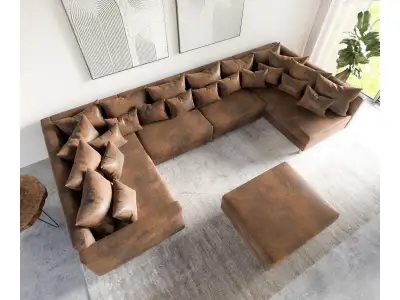 Detail produktu DELIFE Pohovka v tvare U Clovis XL modulárna hnedá vintage taburet opierka