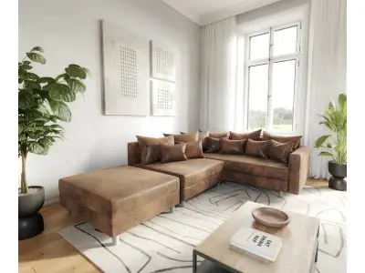 DELIFE Rohová pohovka Clovis hnedá vintage modulárny taburet opierka ležadlo pravá