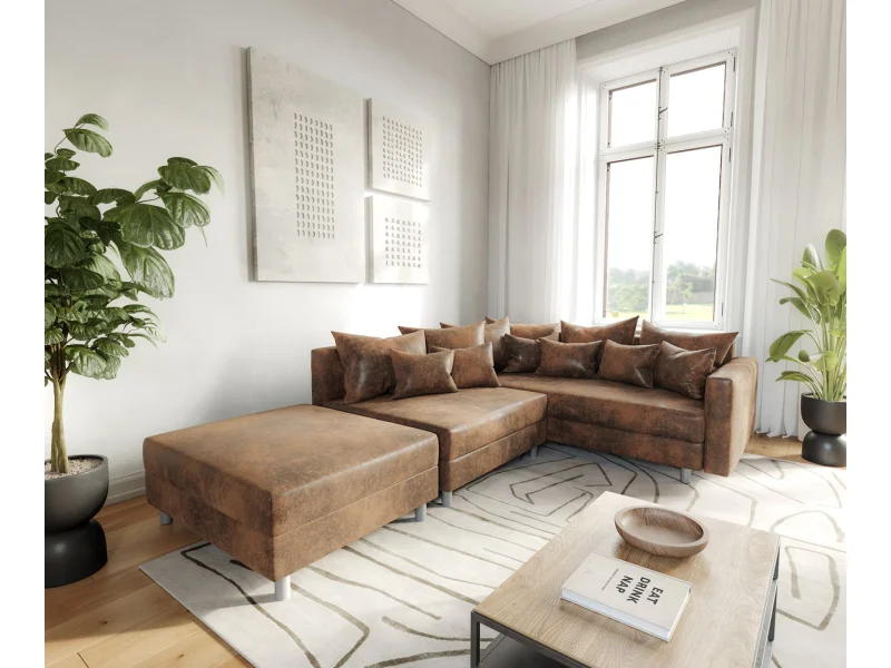 DELIFE Rohová pohovka Clovis hnedá vintage modulárny taburet opierka ležadlo pravá