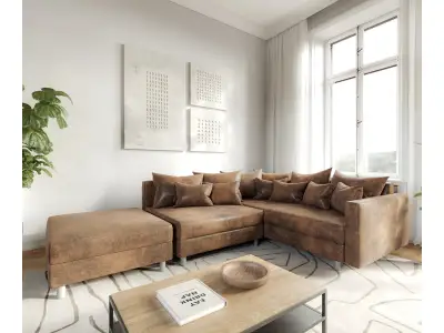 Detail produktu DELIFE Rohová pohovka Clovis hnedá vintage modulárny taburet opierka ležadlo pravá