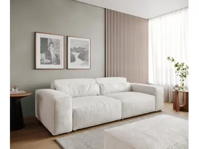 Veľká pohovka Sirpio 230x95 cm bouclé bielo-krémová s taburetom