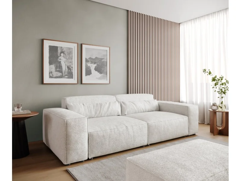 Veľká pohovka Sirpio 230x95 cm bouclé bielo-krémová s taburetom